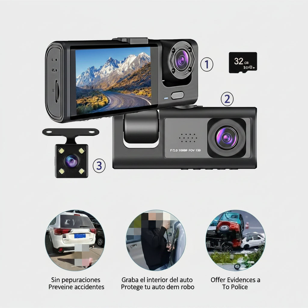 Dash Cam 3 Cámaras Full HD